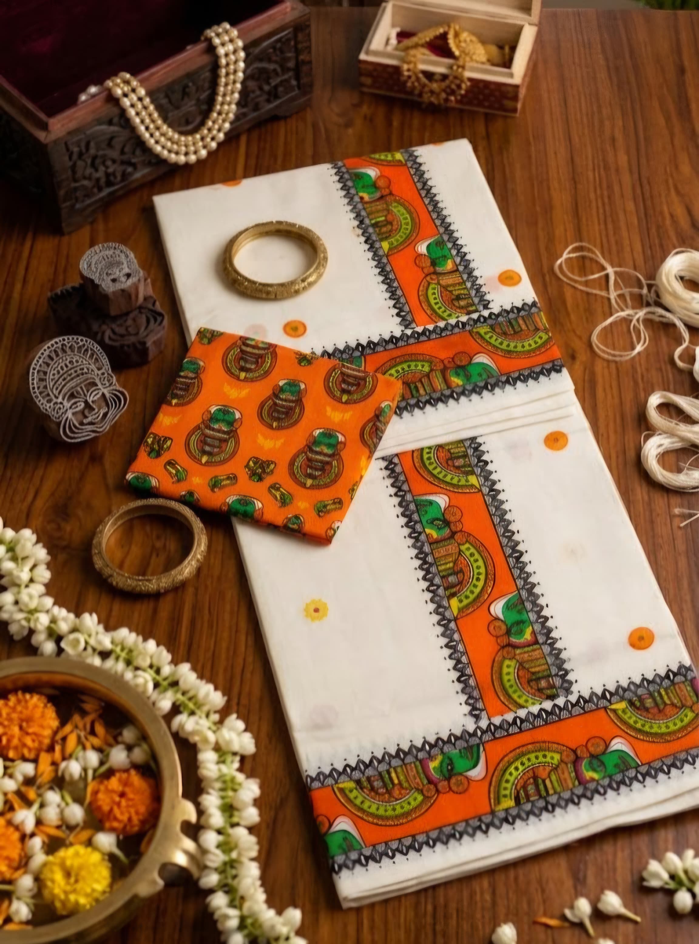 Orange Kathak Setsaree | With Printed Blouse