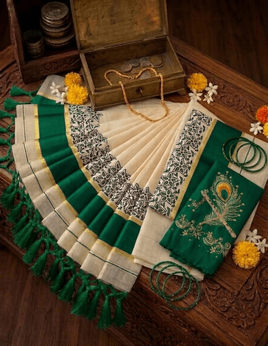 Green Mayura Setsaree | With Embroidered Blouse | Limited Edition